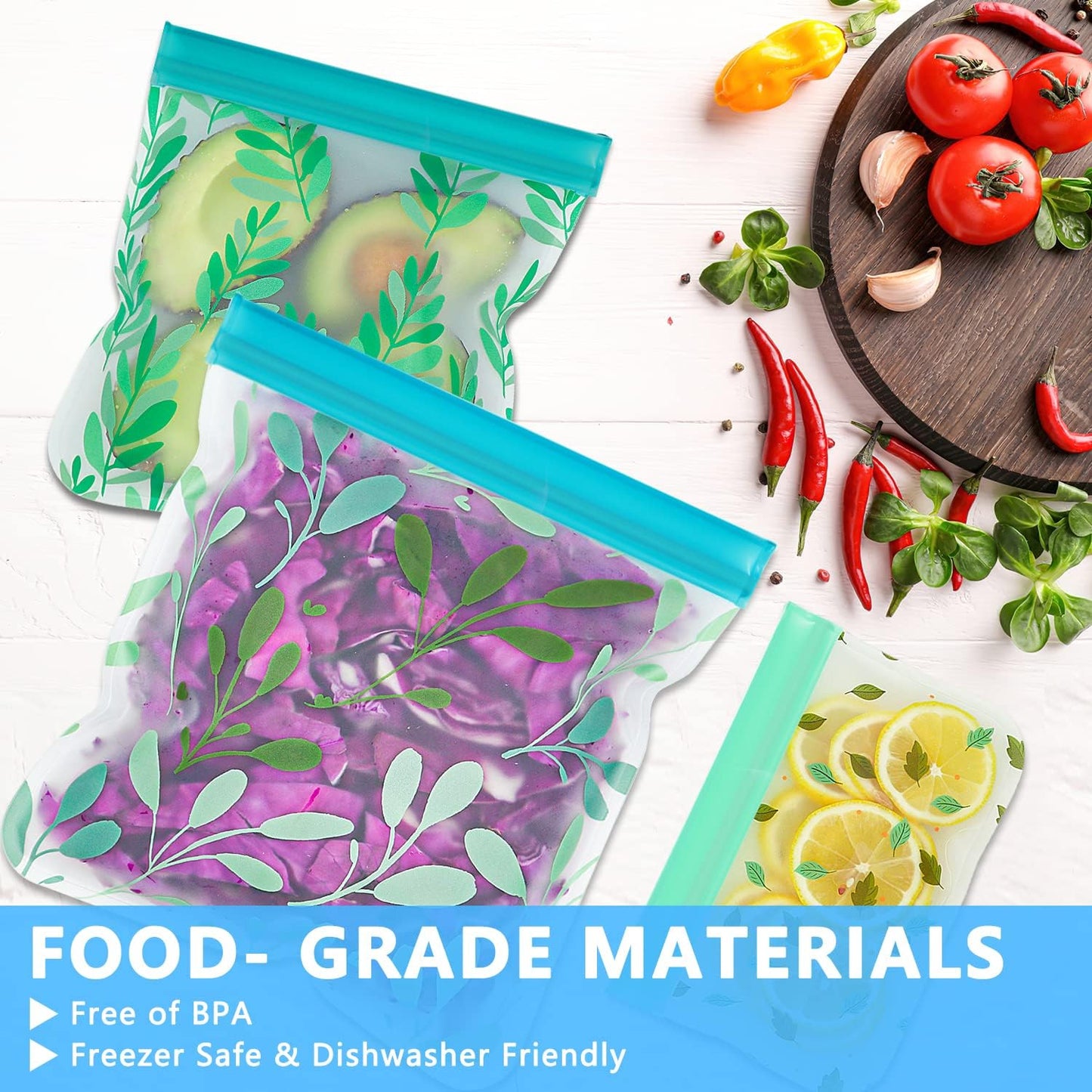 10 Pack Dishwasher Safe Reusable PEVA Food Storage Bags, Leak proof Re