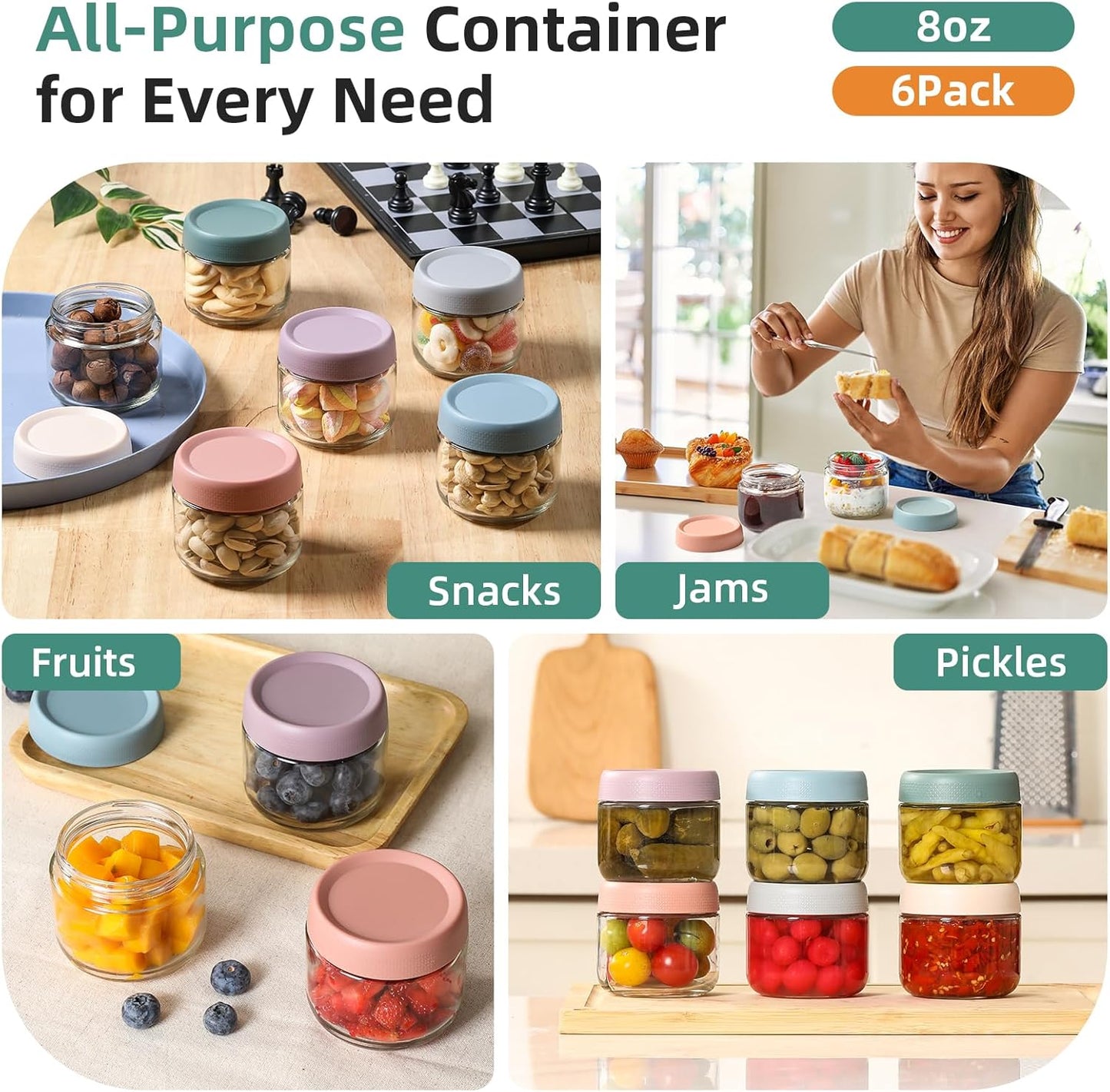 NETANY 6-pack 8oz Glass jars with Airtight Lids, Overnight Oats Containers with Lids, Wide mouth Mason Salad jars, Glass Food Storage Containers for Snacks Yogurt Spice Sugar
