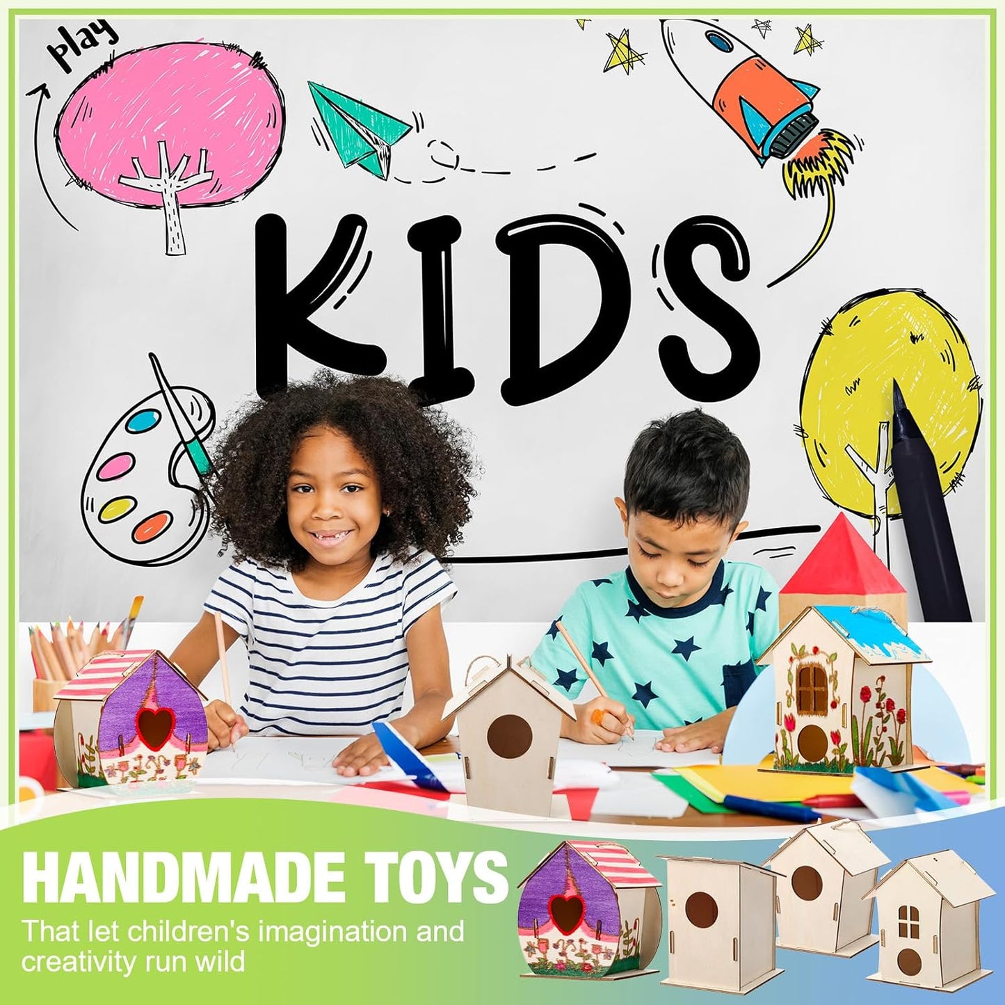 DoubleFill 12 Pcs Bulk Wooden Bird Houses Kits for Kids DIY Crafts and Arts Unfinished Wood Birdhouse to Paint Birthday Gifts for Easter Crafts Class Parties, 4 Styles