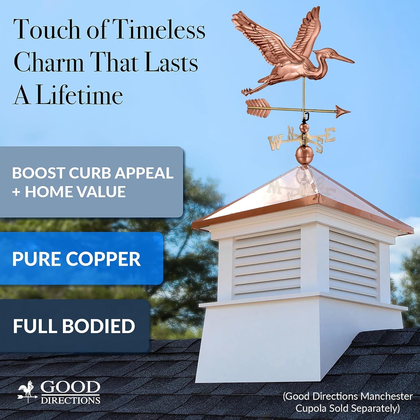 Good Directions 3-Dimensional Blue Heron Copper Weathervane, with Arrow, Includes Adjustable Roof Mount for Easy Installation - Hand-Polished Copper