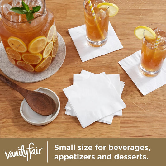 Vanity Fair Entertain Beverage Paper Napkins, White, 2-Ply, 40 Count, 4.9" x 4.9", Disposable Napkins for Entertaining