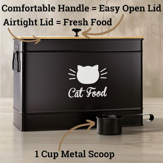Cat Food Storage Container with Scoop - 15 lb (50 Cup) Capacity Metal