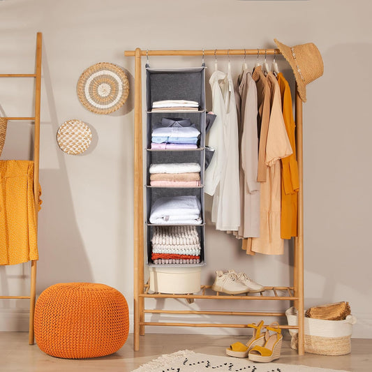 BOOMIBOO Hanging Closet Organize and Shelves,5-Hanging Shelf with 2 Side Pockets,Storage Foldable (Grey)