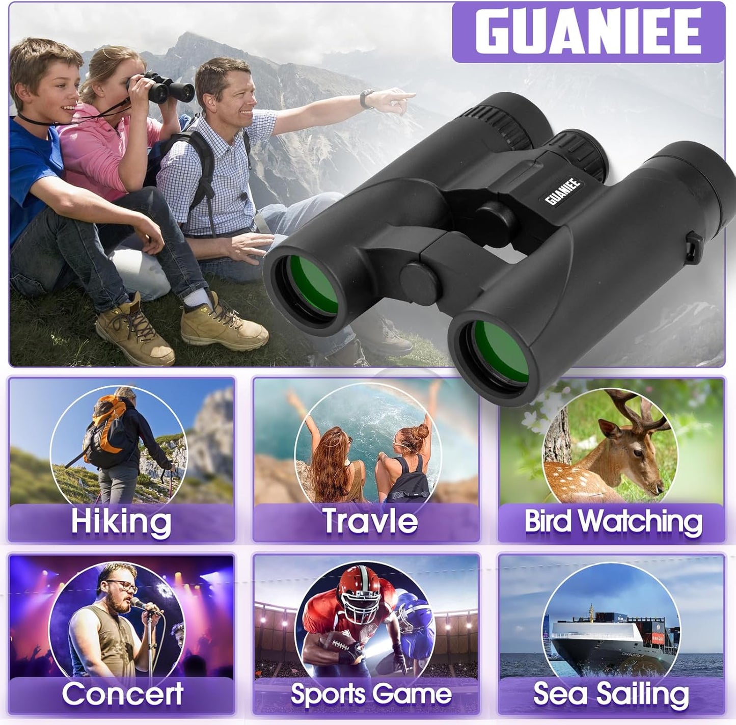 10x25 Binoculars for Kids Mini Pocket Compact Binoculars Waterproof Small Binocular for Bird Watching Travel Stargazing Outdoor Sports Purple