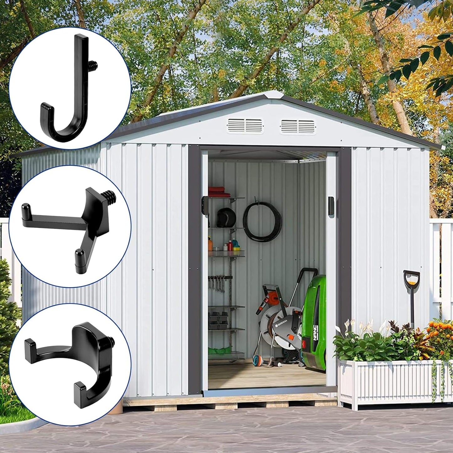 6 Pcs ABS Storage Shed Tool Hooks, Heavy Duty Shed Accessories & Hooks - Compatible with Suncast & Craftsman Sheds, Black J/U/V Shape for Organizing Garden Tools and Hoses in Outdoor Sheds