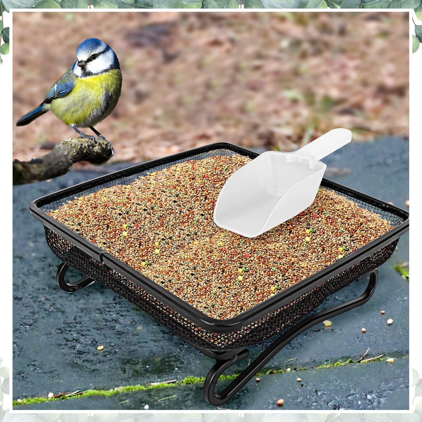 3 Pcs Platform Bird Feeder with Scoop, 6.7 x 6.7 x 2.2 in Ground Bird