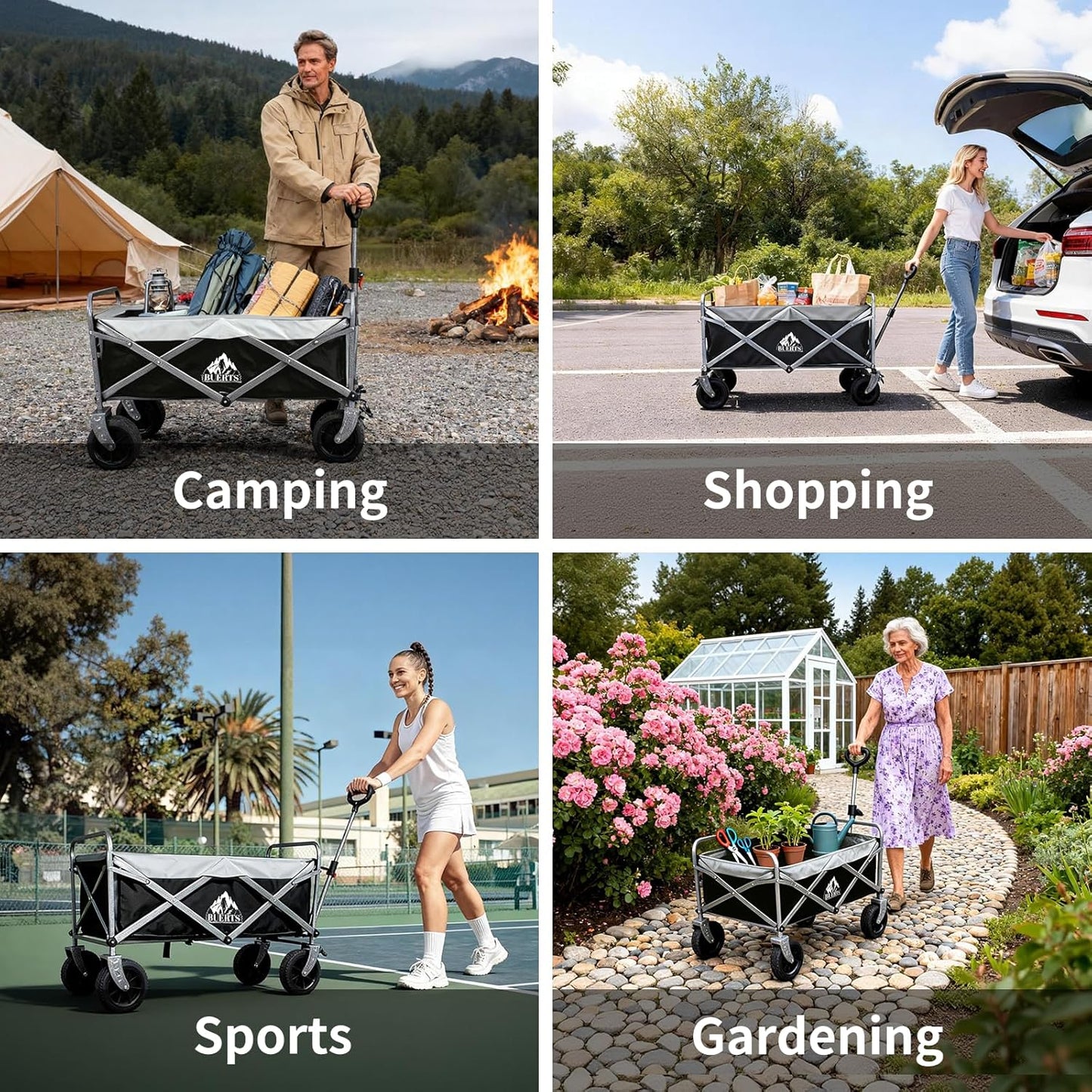 Collapsible Wagon - 600LBS Heavy-Duty Large Capacity Foldable Utility Cart, Oversized All-Terrain Wheels, 3-Second Quick Fold Beach Wagon for Camping, Gardening, Beach & Backcountry Trip(BLACK)