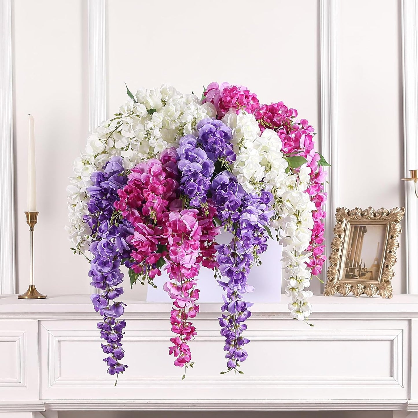 Wisteria Hanging Flowers, Spring Fake Flower for Vase, 2Pcs Silk Wisteria UV & Fading Resistant Faux Plant for Wedding Arch Backdrop Outdoor Patio Garden Decoration Centerpiece Table (White)