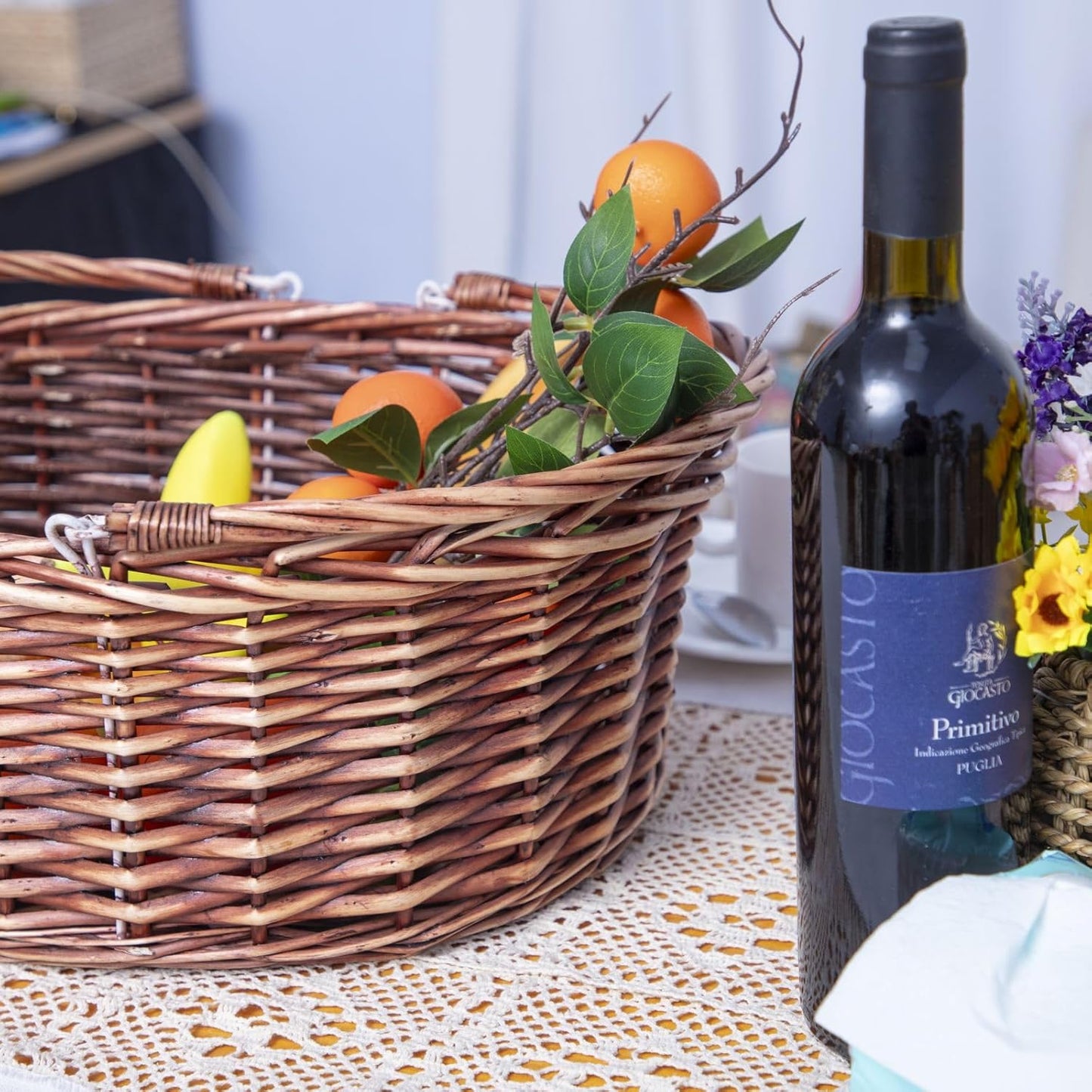JJSQ Wicker Picnic Basket with Folding Handles Wicker Hand Woven Baskets for Storage, Garden Harvest, Easter, Empty Gift Basket, Brown, Large 17" x 13" x 7"