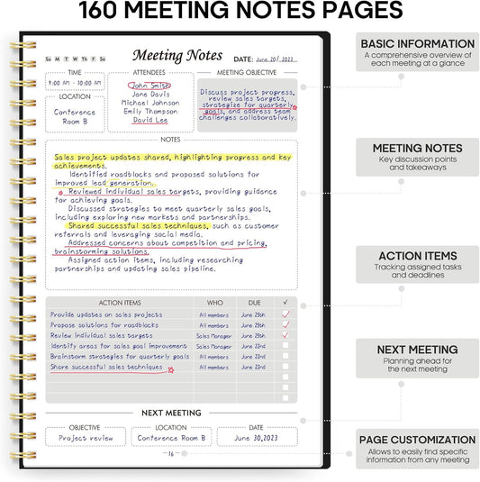 Meeting Notebook for Work Organization - Work Planner Notebook with Ac