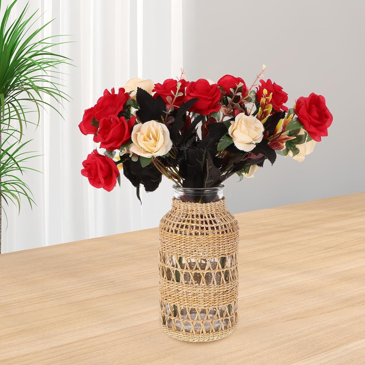 FAVOMOTO Woven Rattan Glass Flower Vase Decorative Table Planter Pot with Seagrass Texture Vintage Style for Home Décor and Office Arrangement