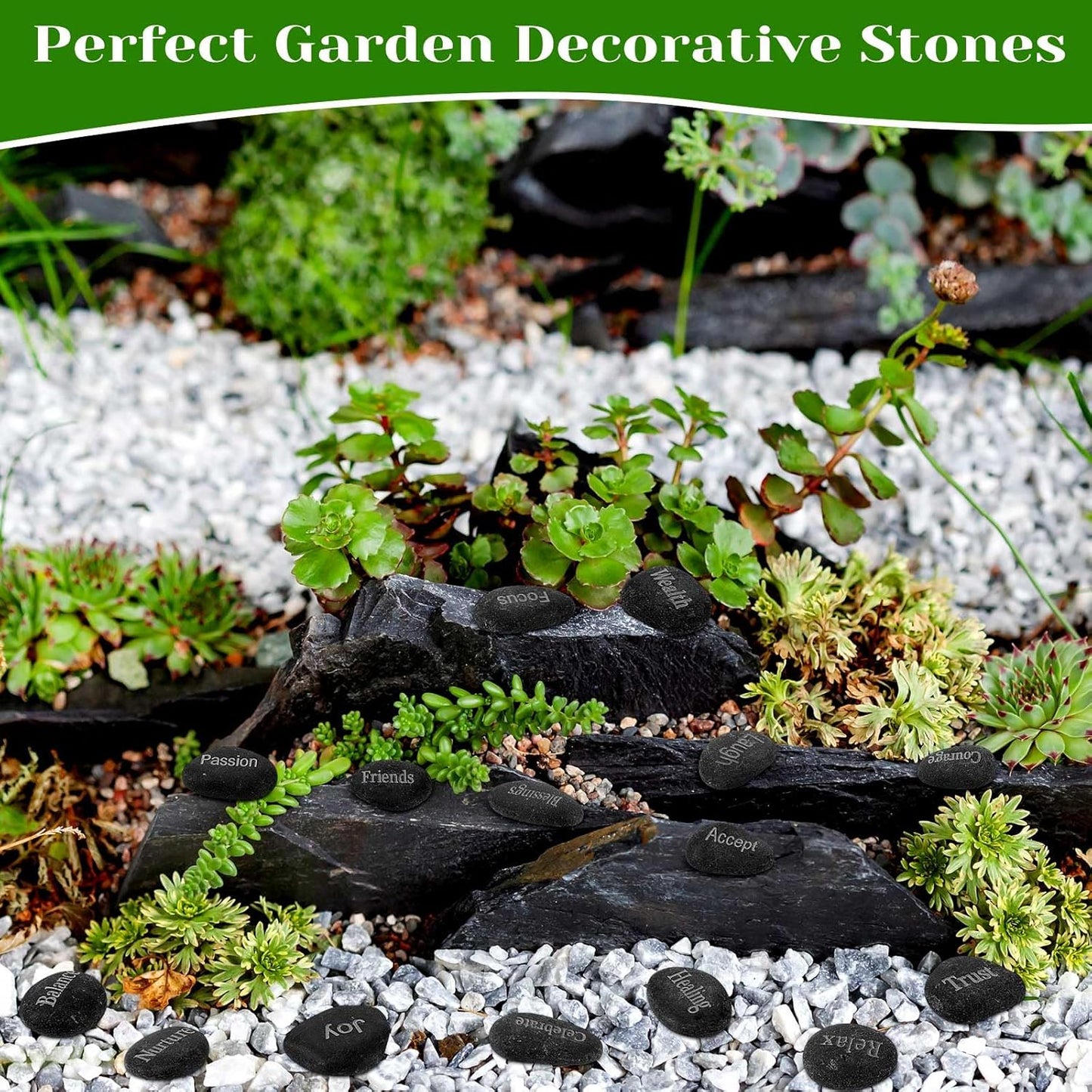 Fabbay Engraved Inspirational Stones, Encouragement Motivational Rocks with Words, Natural River Stone Bulk Set for Garden Decor, Meditation, Positive Gifts & Easter Decorations(Black,40 Pcs)
