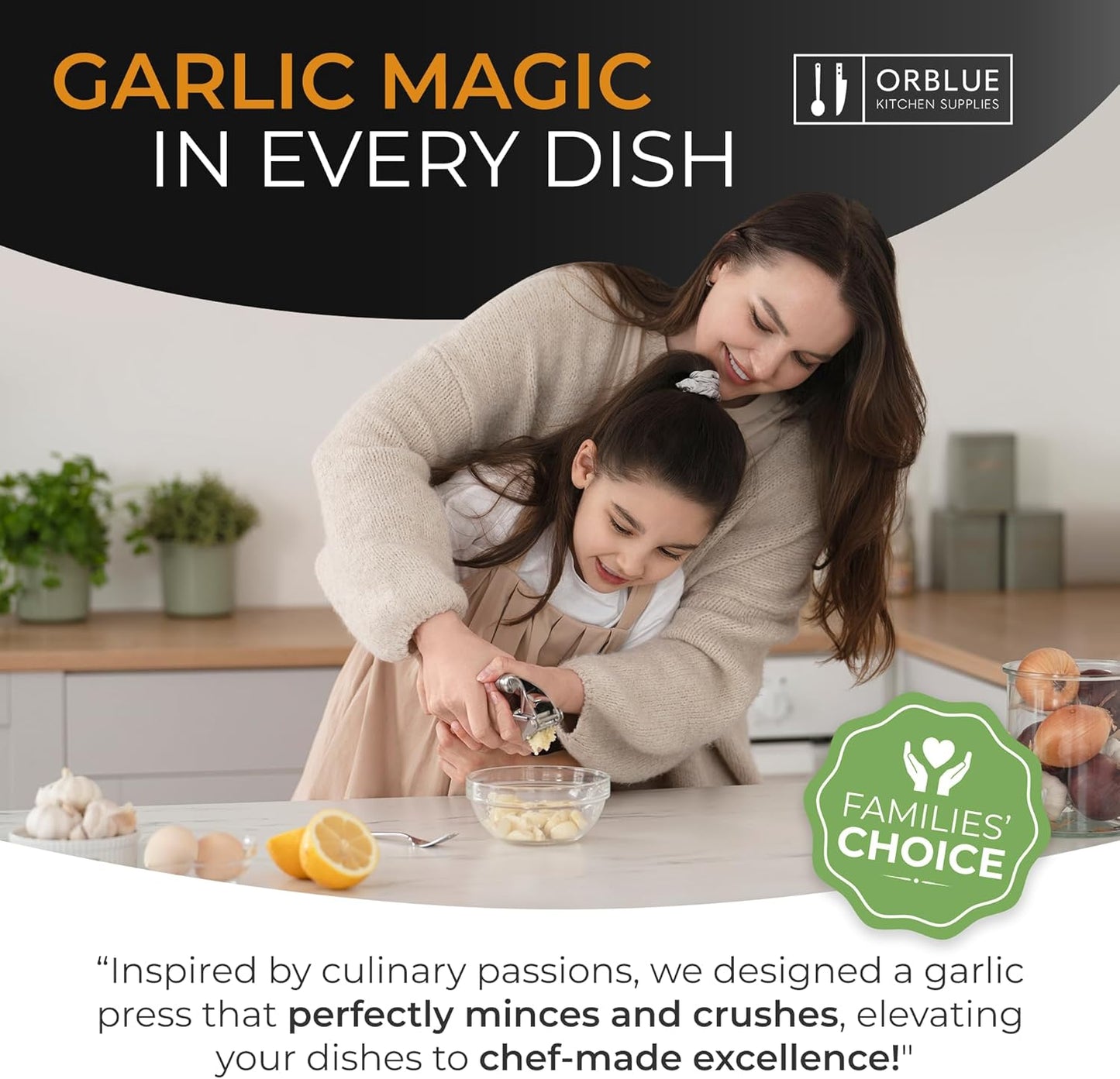 ORBLUE Garlic Press Stainless Steel - Premium Professional Grade Garlic Mincer, Crusher & Peeler Set - Easy Clean, Dishwasher Safe & Rust-proof