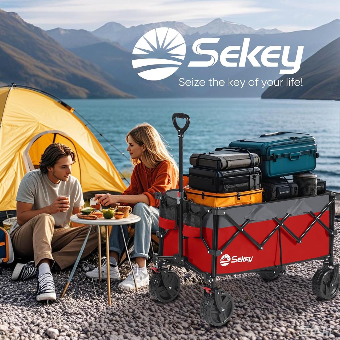 Sekey 220L Wagons Carts Foldable with Big All-Terrian Beach Wheels, Collapsible Heavy DutyWagon with Cup Holders, Extra Large Folding Wagon,Foldable Wagon for Camping, Garden, Sports.Red&Grey