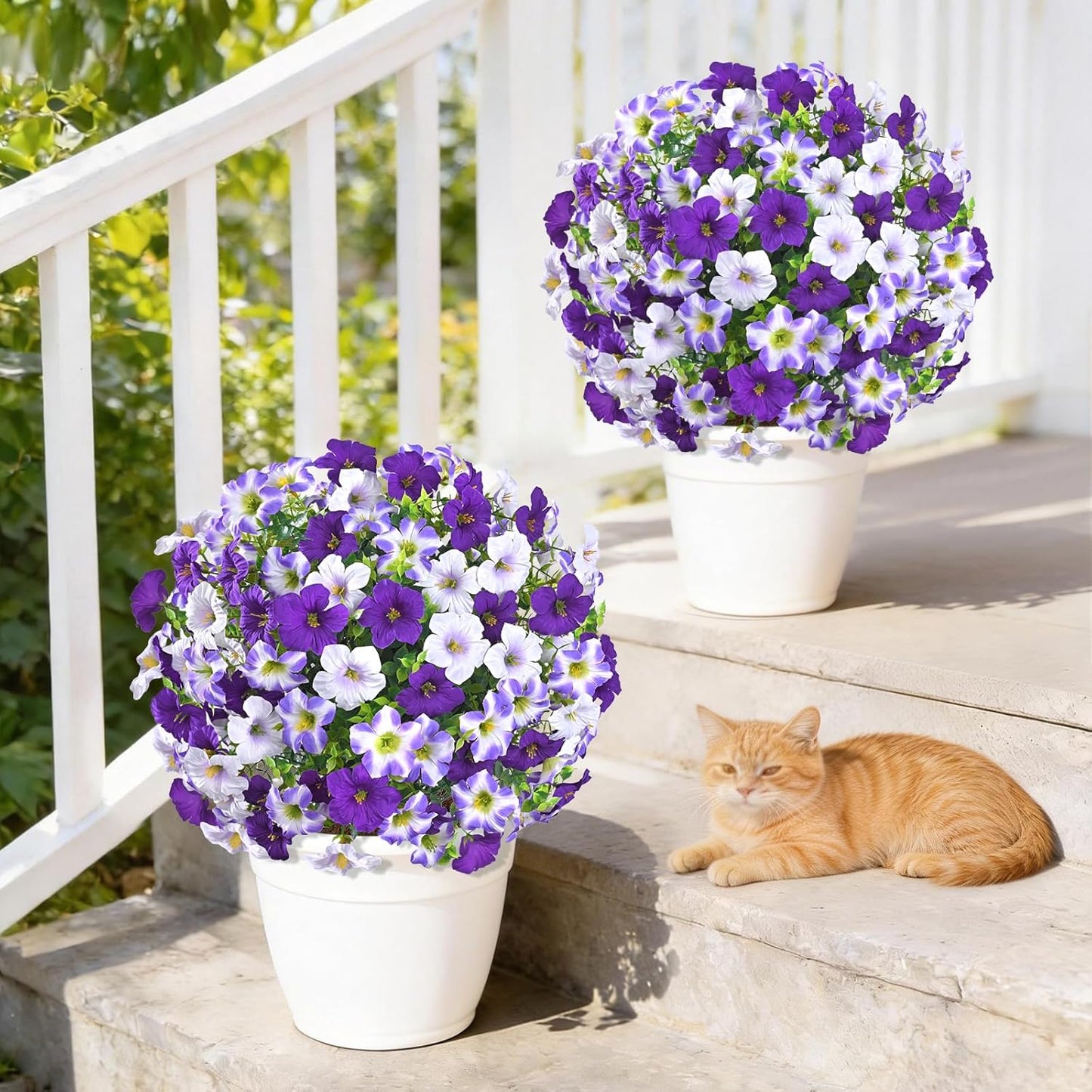 23" Artificial Boxwood Topiary Ball Trees with Petunias Flowers, Set of 2 Faux Outdoor Plants with Ground Spike for Outdoors, UV Resistant Fake Flowers for Outdoor Garden Yard Front Porch Patio Decor