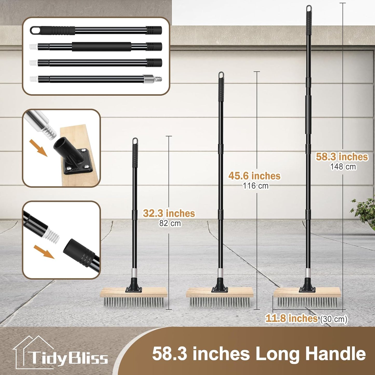 Stainless Steel Wire Scrub Brush with Long Handle, Heavy Duty Stiff Metal Broom Scrubber, Outdoor Moss Removal for Concrete Floor, Deck, Garden, Patio, Roof, Brick, Garage, Swimming Pool