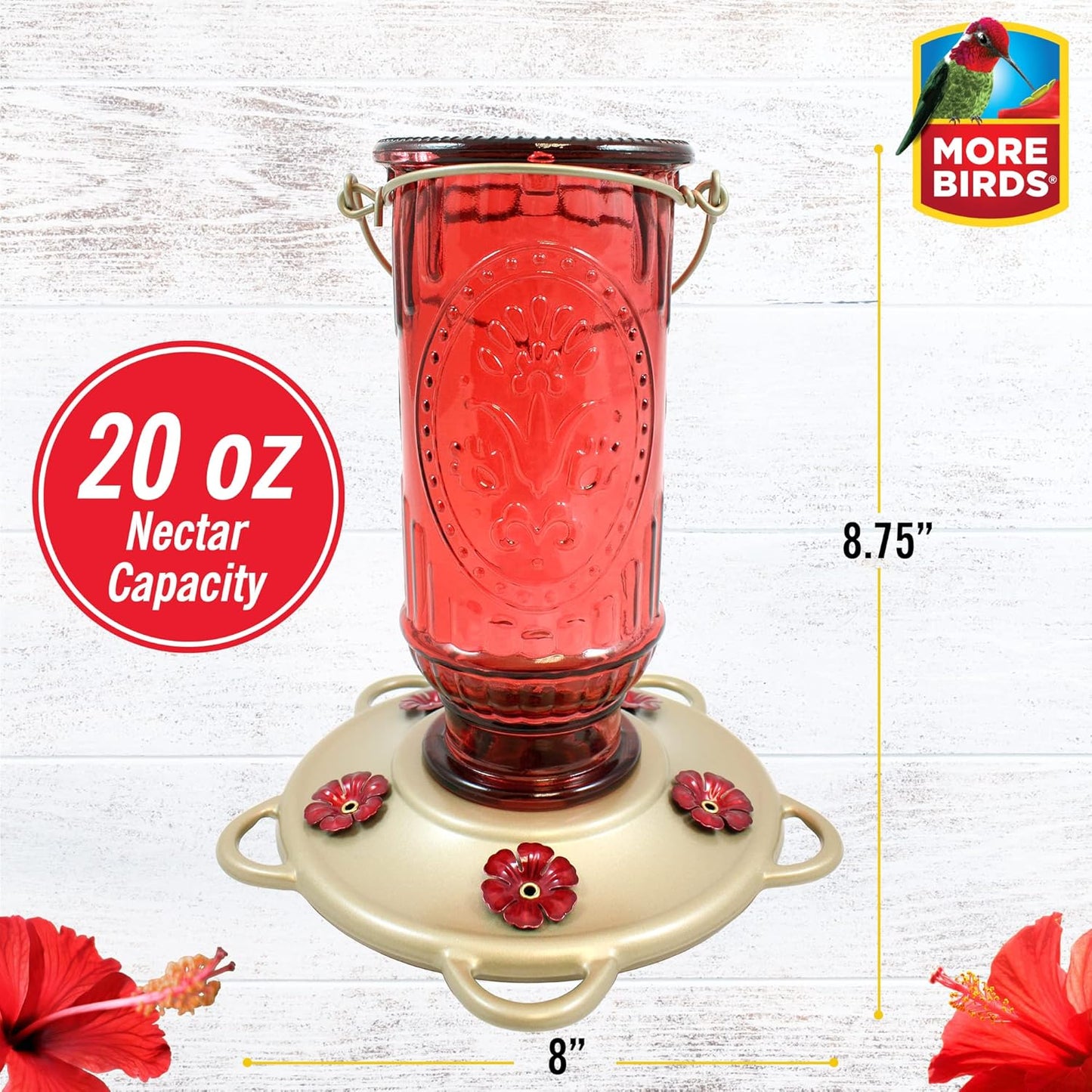 More Birds Red Vintage Hummingbird Feeder, Antique Glass Hummingbird Feeders for Outdoors, 5 Feeding Stations, 20 Ounces