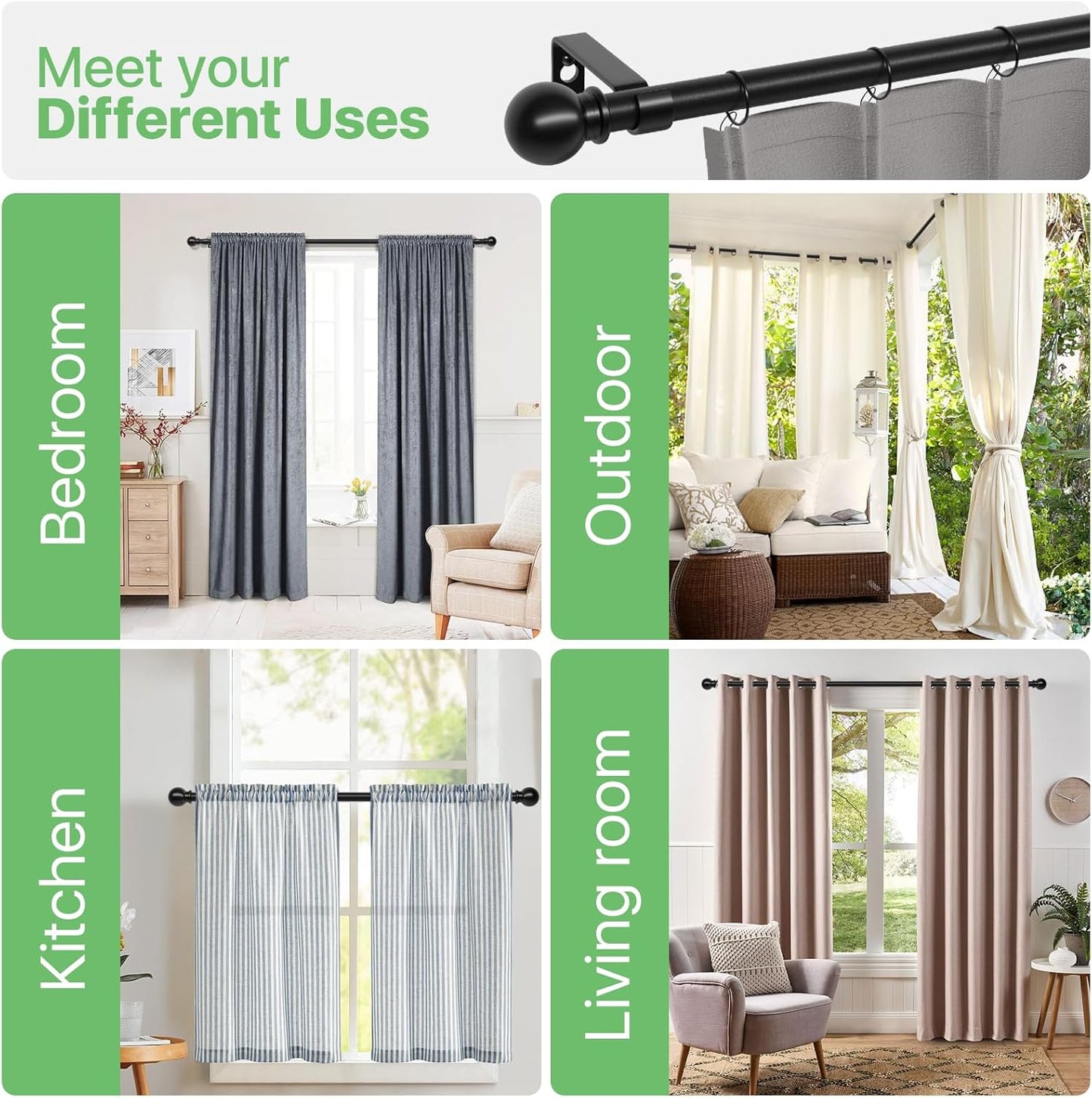 Curtain Rods for Windows 28 to 48 inch, 5/8 inch Black Curtain Rod Set with Brackets, Splicing Adjustable Metal Drapery Rod for Bedroom, Kitchen, Living Room, Matte Black