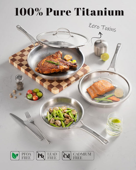 Titanium Pan, 12 Inch Pure Titanium Hammered Pro frying pan with Lid,