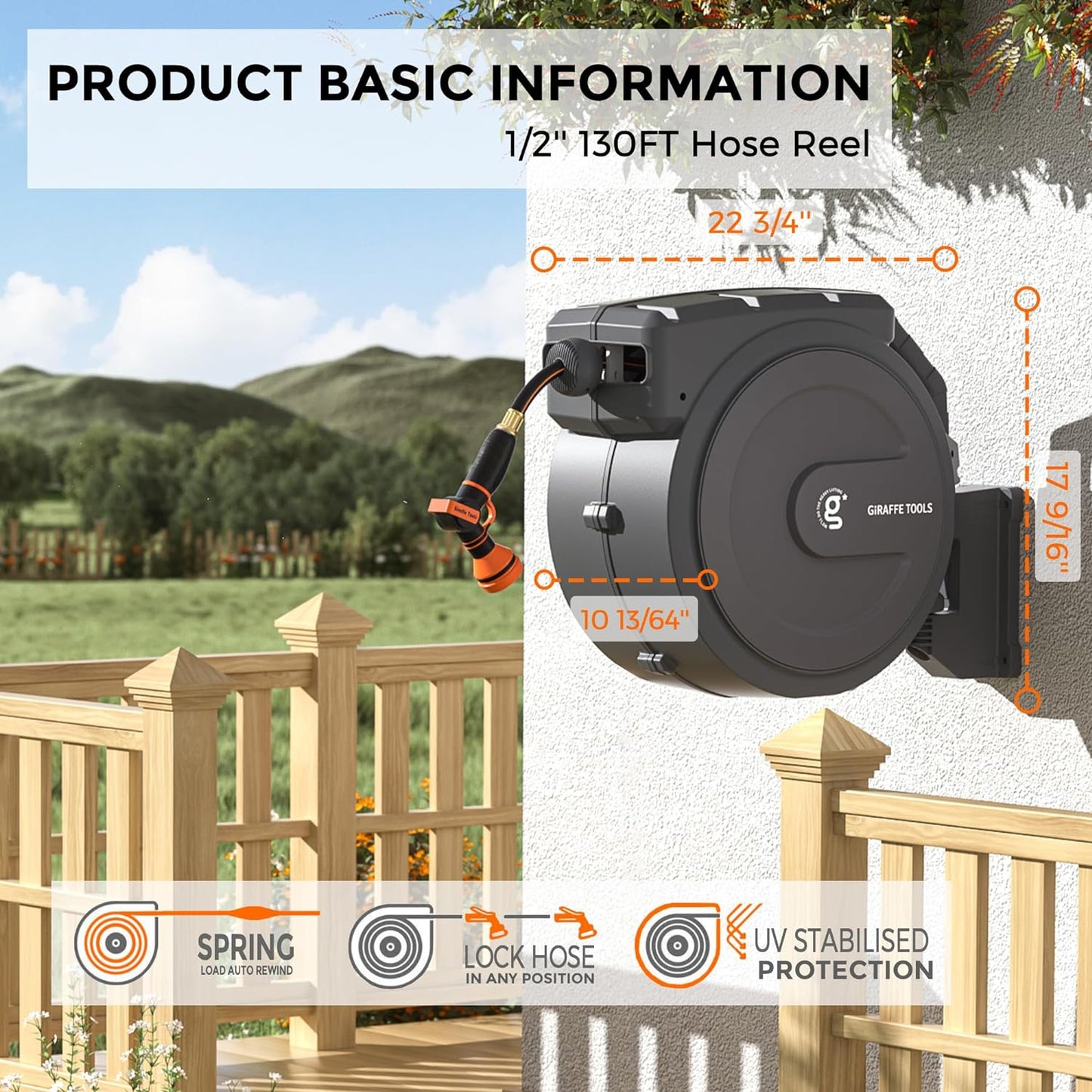 Giraffe Tools Retractable Garden Hose Reel 1/2 Inch x 130 ft, Super He