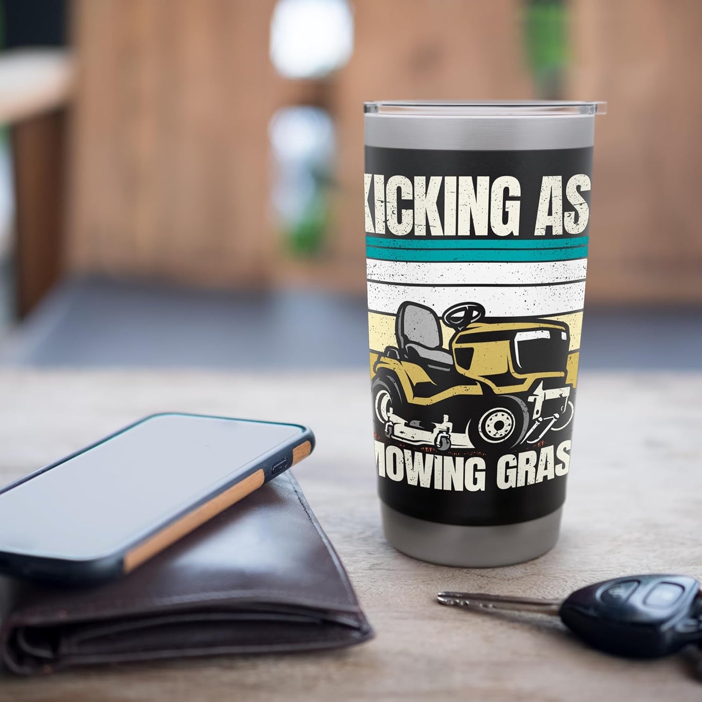Kicking Ass Mowing Grass Funny Lawn Mower Men Mowing Stainless Steel Insulated Tumbler