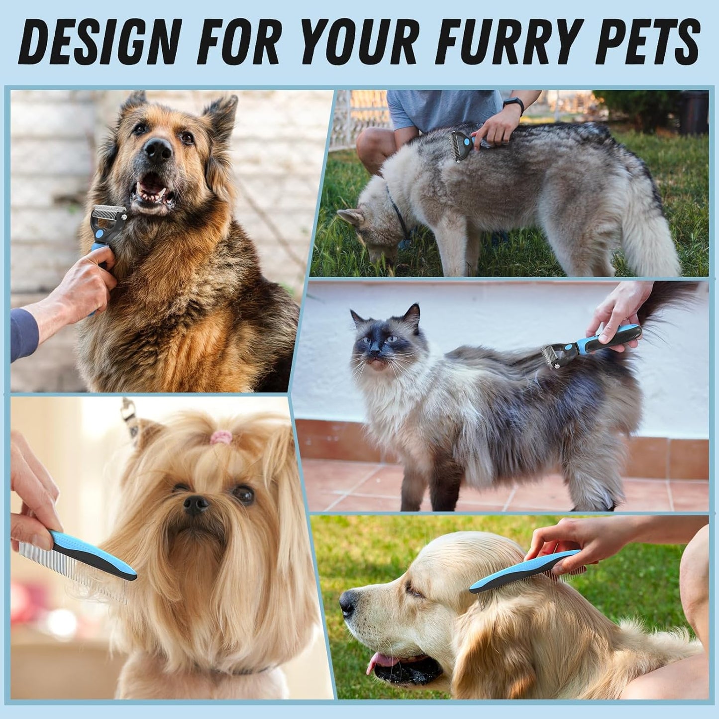 Pet Grooming Combo - Blue Deshedding Brush with Metal Comb for Detangl