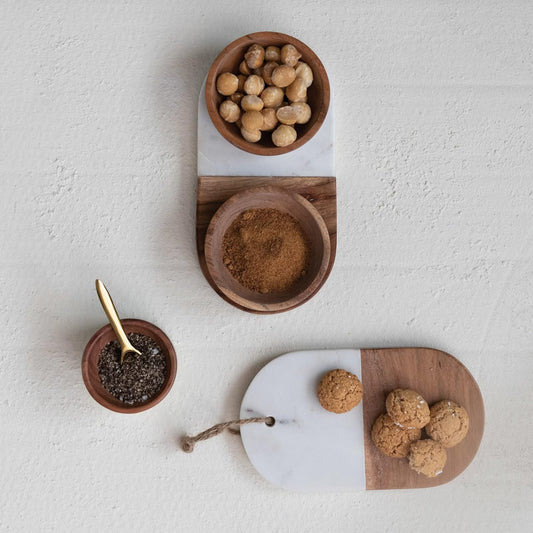 Creative Co-Op Marble and Acacia Wood Pinch Pot, Serveware, 3"L x 3"W x 2"H, Natural & White