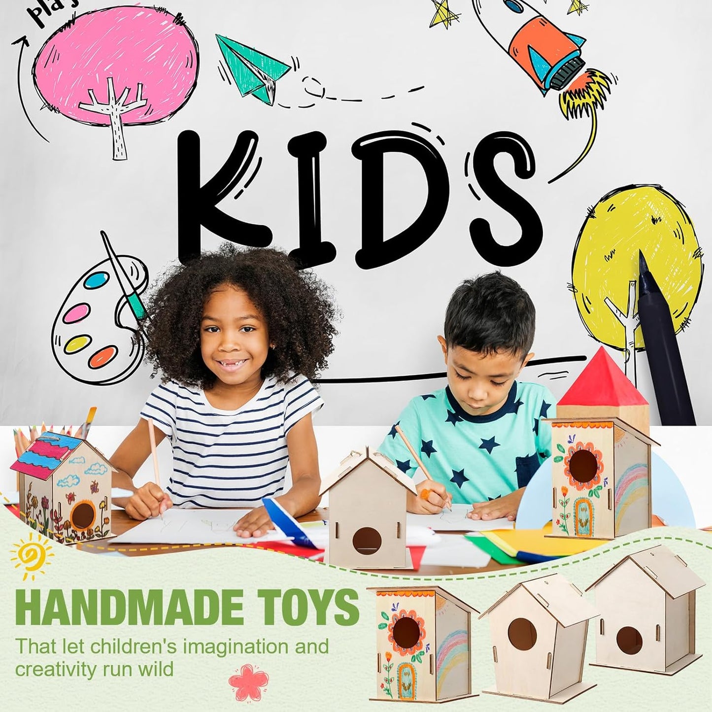 DoubleFill 48 Pcs Bulk Wooden Bird Houses Kits for Kids DIY Bird House Kit Unfinished Wood Birdhouse Wooden Crafts to Paint, Build, and DIY for Valentines Crafts Classroom Activity, 3 Styles