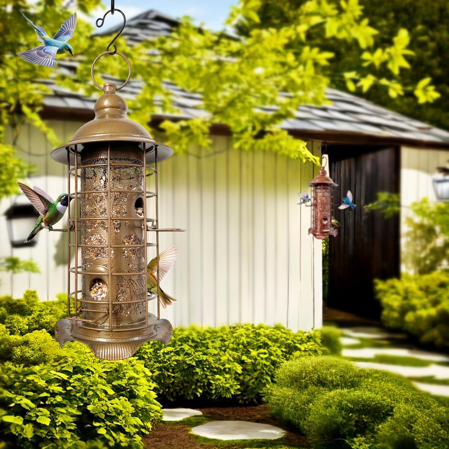 Rustic Metal Hanging Bird Feeder for Outdoors, Weather Resistant Wild Seed Feeders with Protective Cage & Perches for Backyard Patio Porch Gift Idea for Women Mom Grandma Bird Lovers