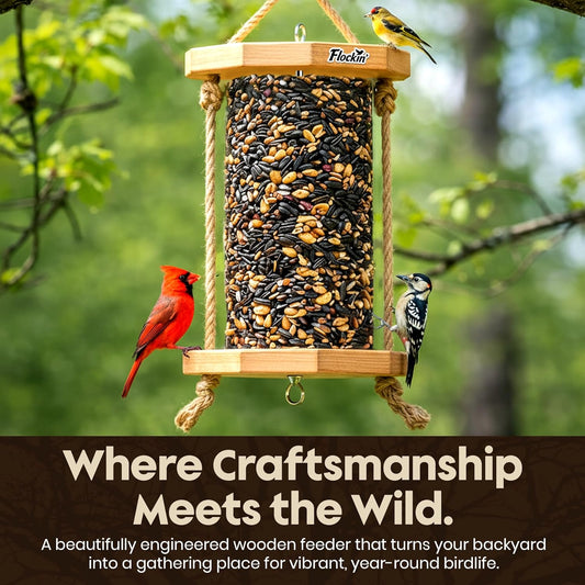 Cylinder Bird Feeders for Outdoors - Weather Resistant Wood Cylinder Feeder with a Bird Safe Protective Clear Finish - Holds Bird Seed Cylinders with Hole, Logs, & Birdseed Cakes