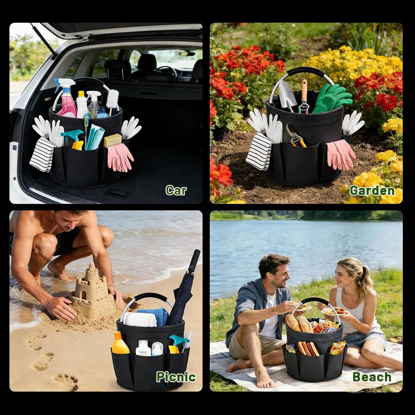 17L Foldable Cleaning Caddy with Handle - Portable Oxford Fabric Storage Bucket, Organiser for Cleaning Supplies, Toiletries, Home, Garden, Picnic & Beach (Black)