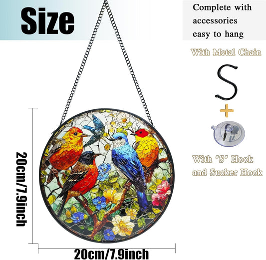 Birds on a Branch Stained Suncatcher for Windows Hanging, 7.8'' Animal Flower Scenery Stained Glass Window Hanging Home Garden Decor, Hand-Painted Glass Gifts for Birds Lovers, Mom