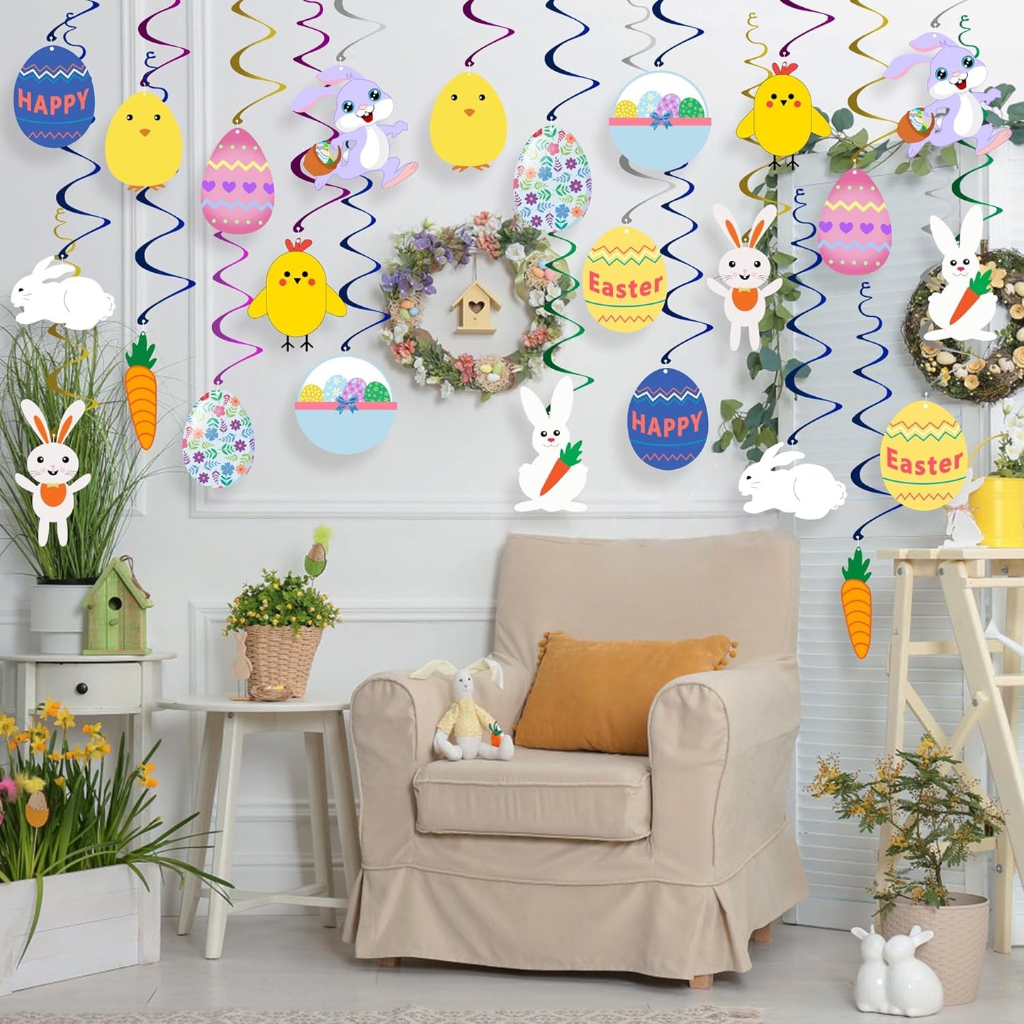 Easter Hanging Swirl Decorations - Pack of 36 | Easter Decorations Egg Bunny Hanging Swirl Foil Decoration for Home Office Party Supplies
