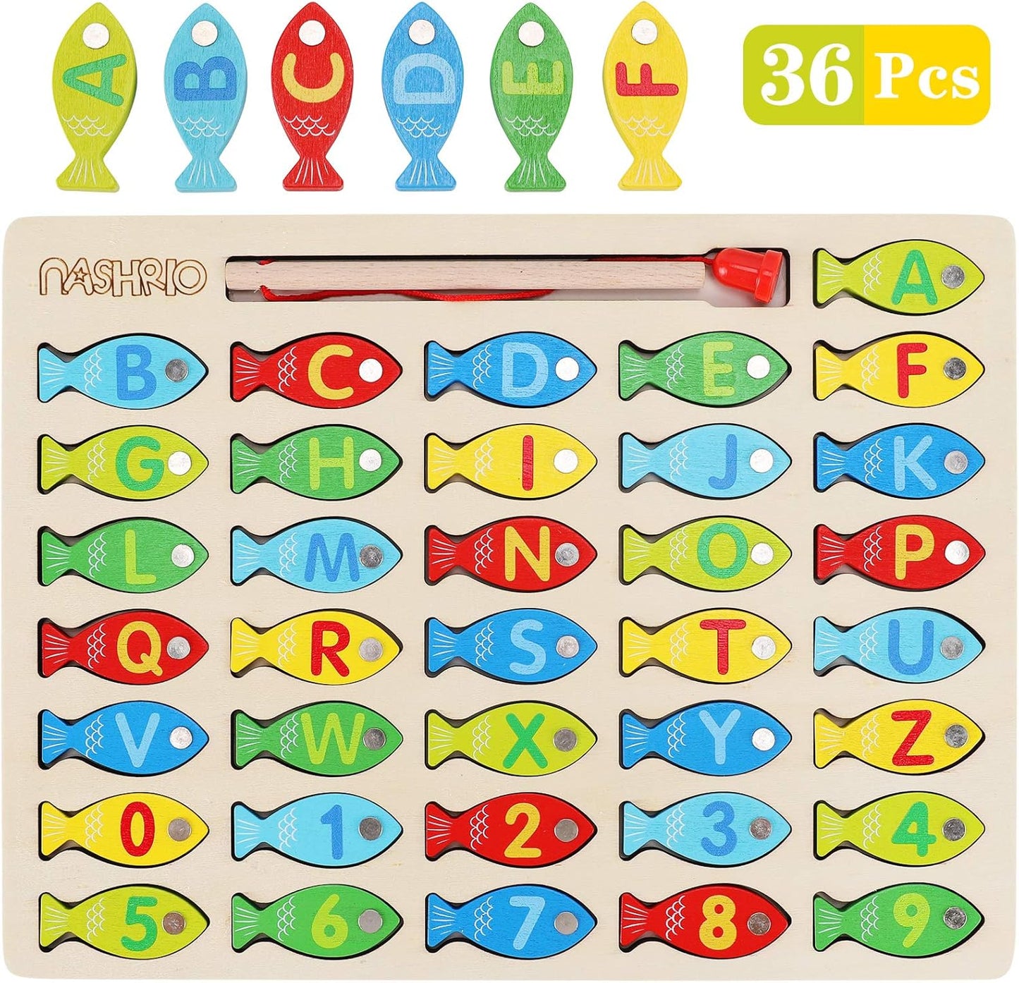 Magnetic Wooden Fishing Game Toy for Toddlers, Alphabet Fish Catching