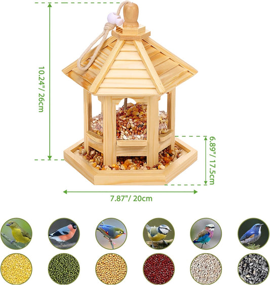 Wooden Bird Feeder for Outside Garden,Hanging Bird Feeders Wood Hexagon Shaped Gazebo Large Capacity for Cardinal Sparrow Finch