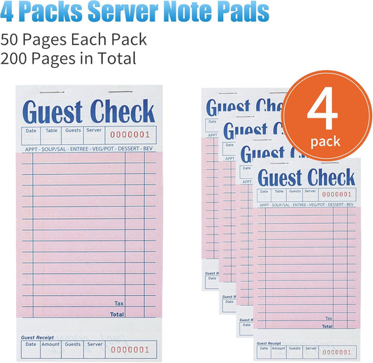 4 Pack Pink Guest Checks Books for Servers Server Note Pads, Waiter Checkbook, Waitress Notepad for Restaurants, Paper Checks 50 Sheets/Pack, 200 Total Tickets