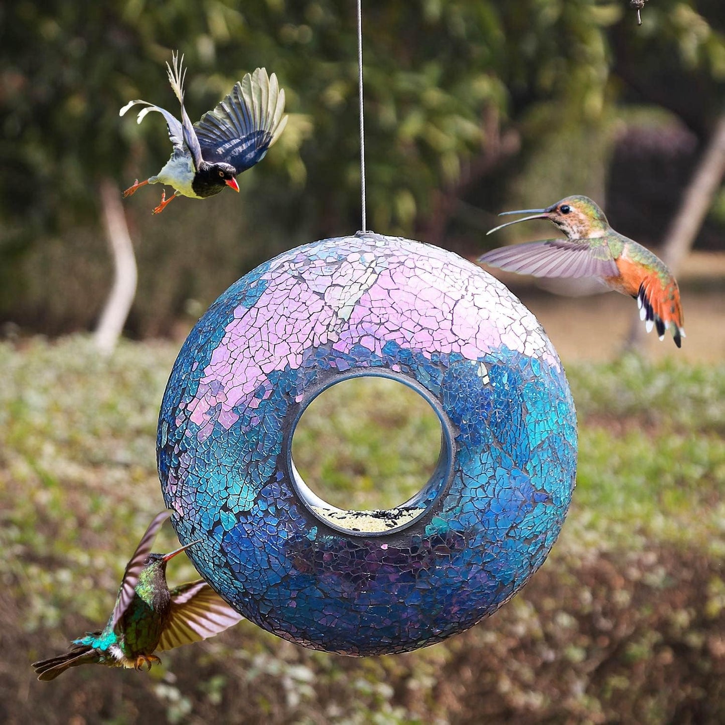 Bird Feeder, Round Squirrel-Proof Wild Bird Feeder, Fly-Through Hanging Glass Design, Large Wreath-Shaped Bird Feeder, Mosaic Patterns for Outdoor Gardens and Yards Decoration, Blue Circle