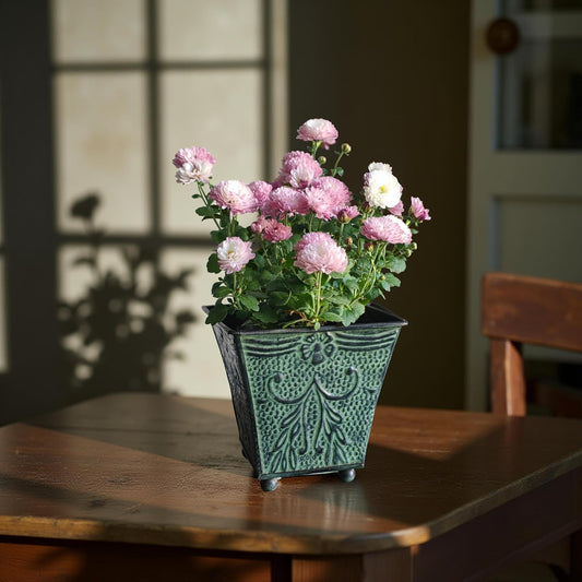 Hosley Set of 4 Green Patina Embossed Metal Planters with Ornate Flora