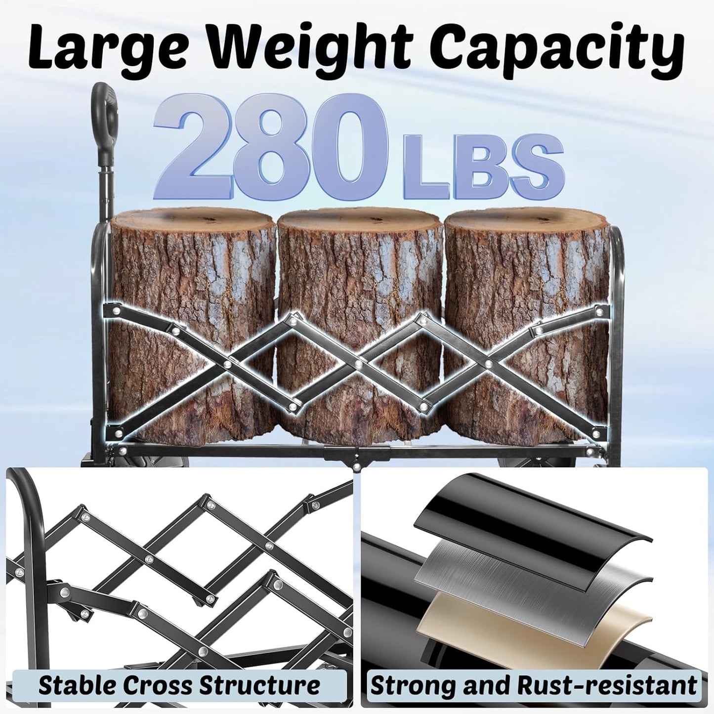 Wagons Carts Foldable, 280 Lbs with Adjustable Handle, Black Lightweig