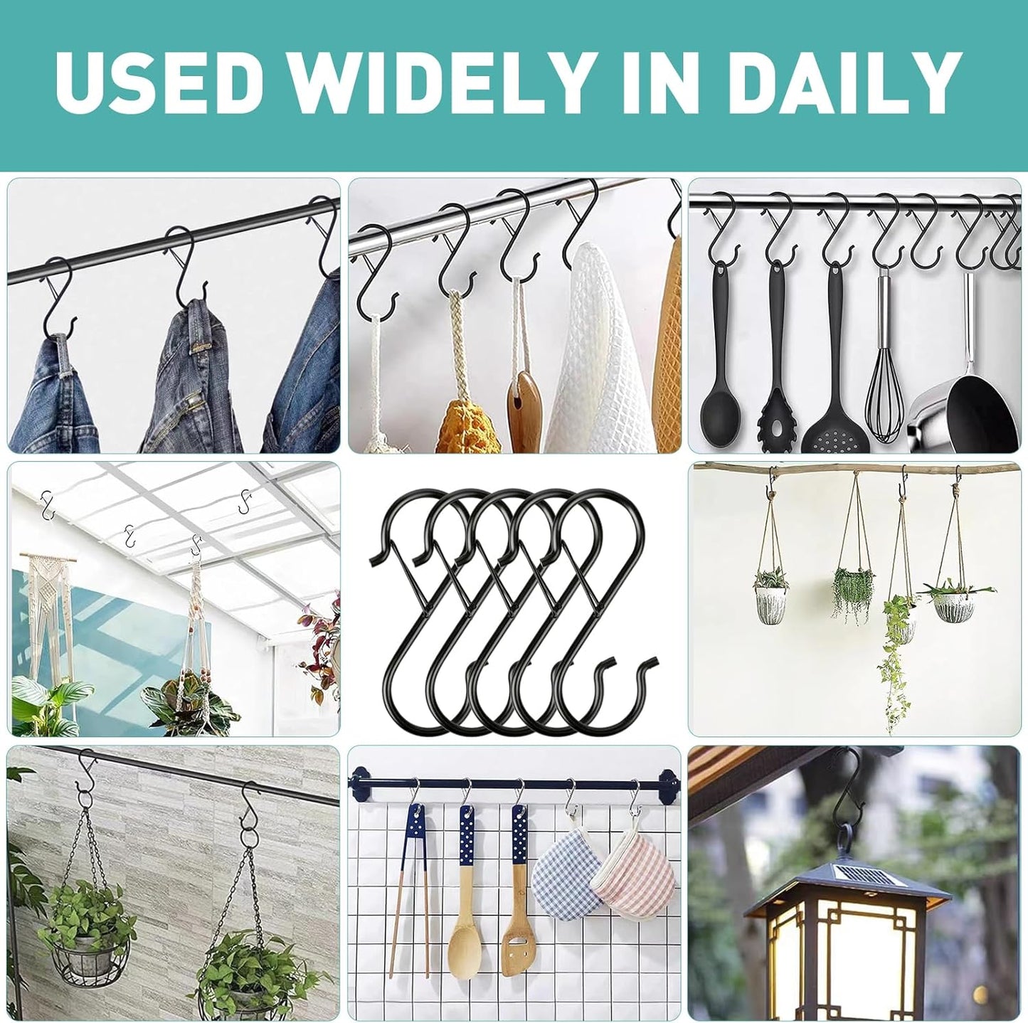 Navona 20 Pcs S Hooks for Hanging Heavy Duty, 3.5-inch Heavy Duty Metal S Hook with Safety Buckle, Suitable for 0.5 inch Rods, S Hook for Hanging Plants, Closet, Kitchen Utensil, Pot, Pan, Bags