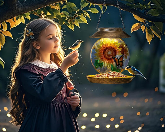 Solar Bird Feeders for Outdoors Hanging, Solar Sunflower Bird Feeder with Led Light Waterproof Metal Birdfeeders Outside Hanging Decorative for Outdoor Garden Yard Patio Backyard