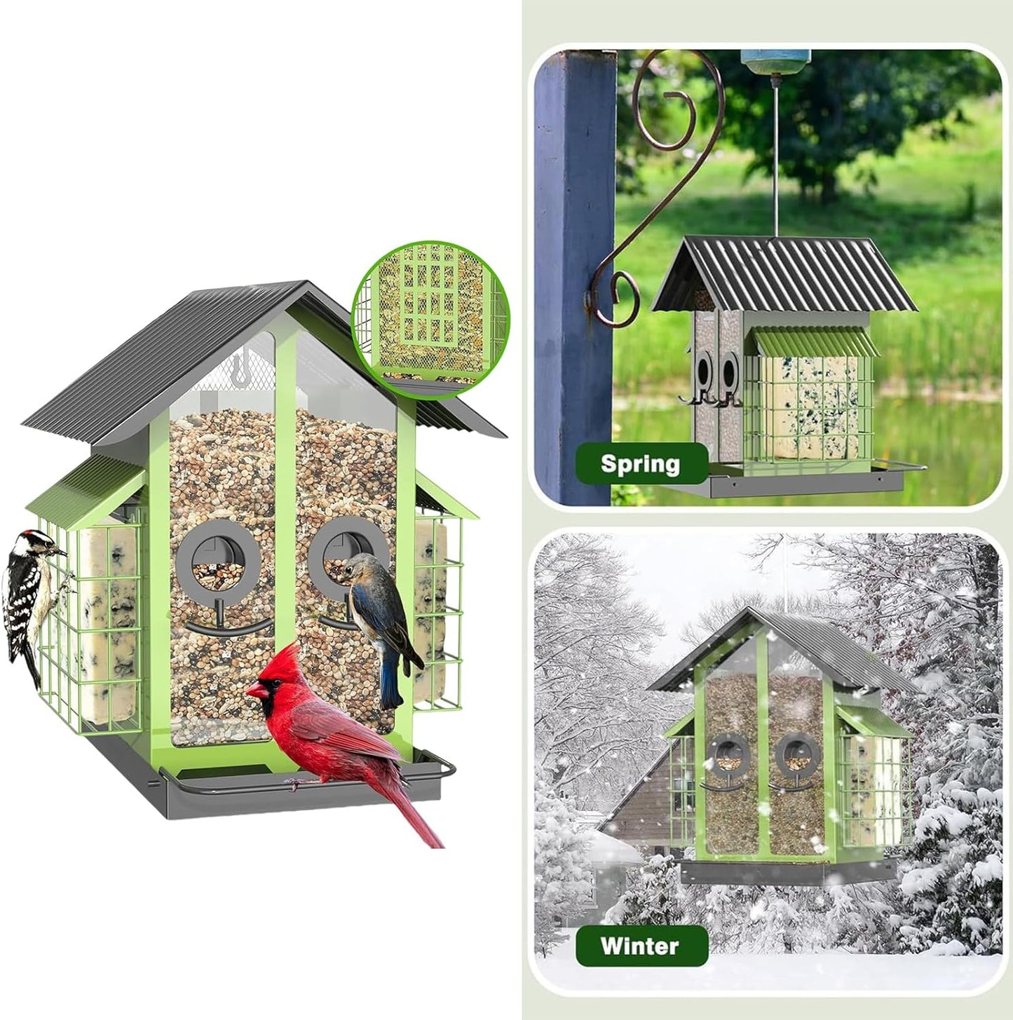 Metal Bird Feeder for Garden Yard Outside Backyard with Perch Easy Hanging Hook and Large Capacity Hanging Bird Feeder