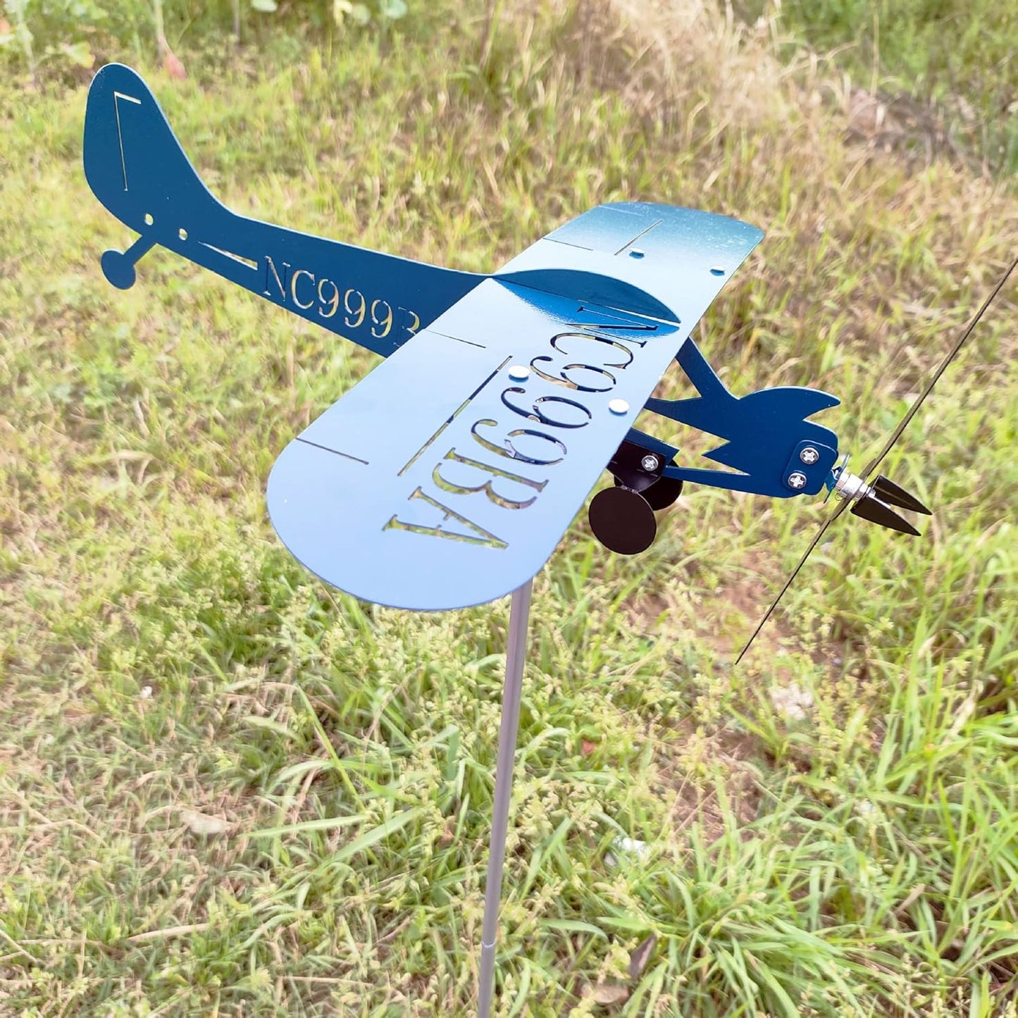 Blue Airplane Weathervane, Kinetic Metal Wind Spinners for Yard and Ga