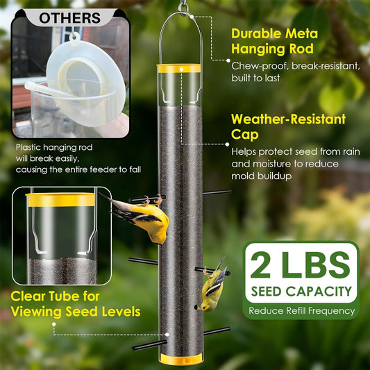 Thistle Feeder for Goldfinches with Upside Feeding Design, Hanging Finch Feeder for Outside, 15.9-Inch Tube Bird Feeders with 6 Small Ports & 3 Perches, Easy to Refill and Clean, Yellow