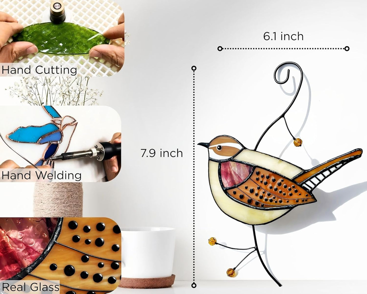 Carolina Wren Stained Glass Window Hanging - Handmade Real Glass Bird Suncatcher for Women, Mom, Grandma - Elegant Gifts Box Home Decor (H7.9xW6.1 Inch)