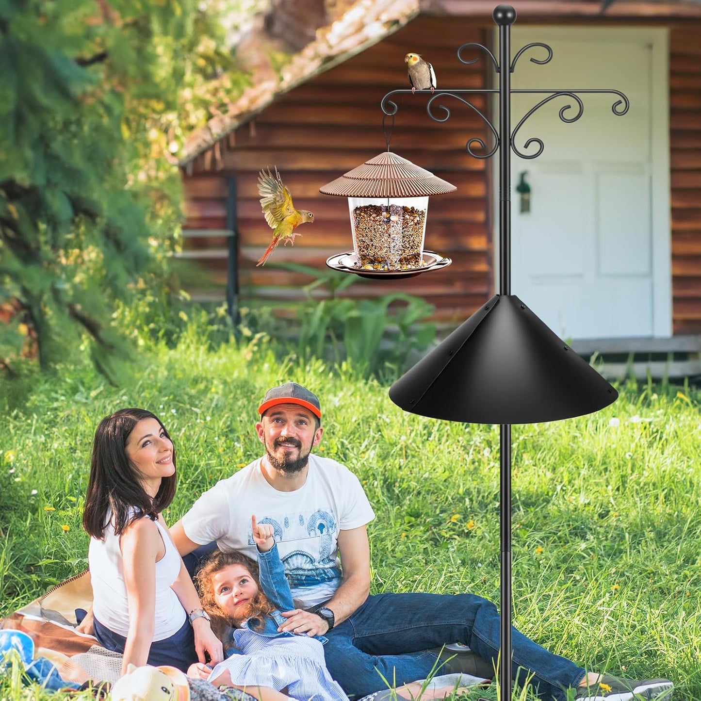 Bird Feeder Pole for Outdoors Heavy Duty Squirrel Proof, 2 Pack 108 Inch Adjustable Tall Shepherds Hooks for Outdoor with 7 Prongs Base, Double Shepherd Hooks (2 Pack Black, 108 Inch)