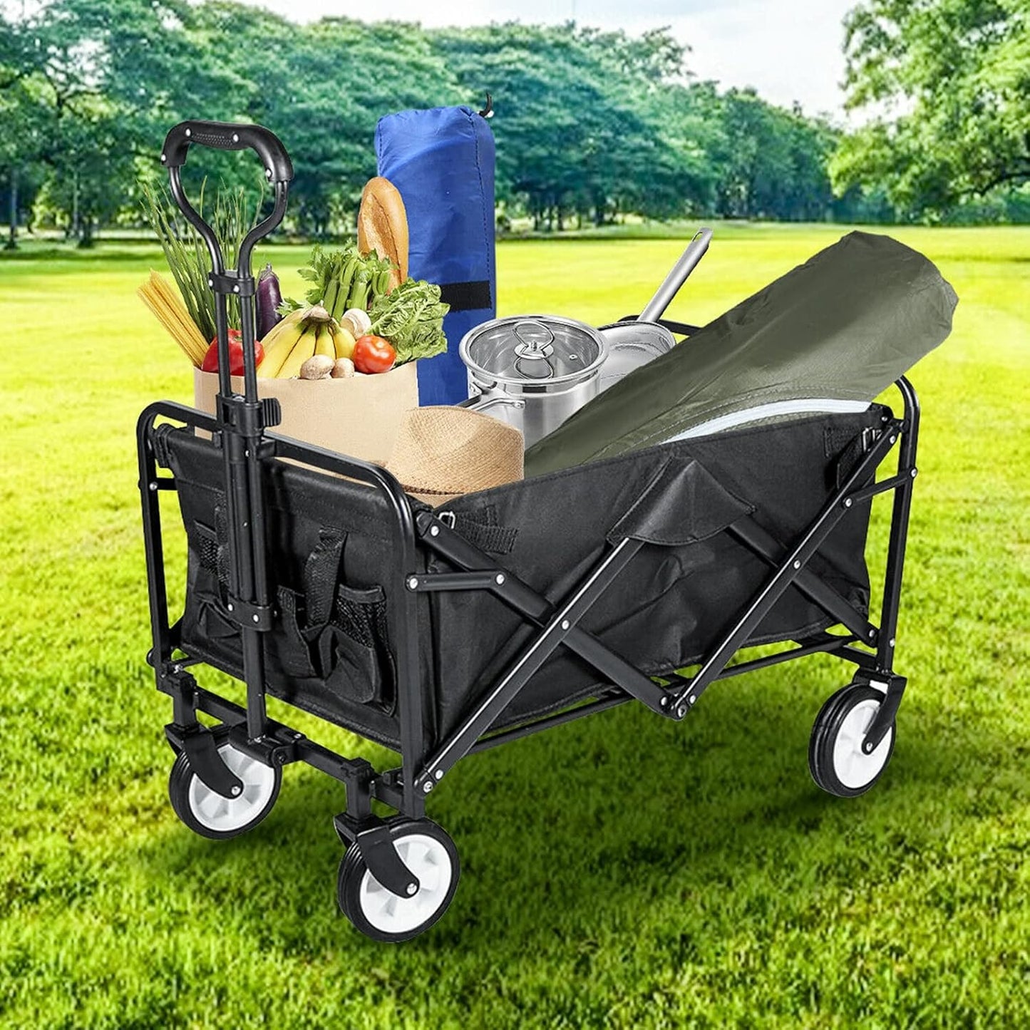 Collapsible Folding Picnic Wagon Cart - Portable Utility Hand Cart for Beach, Camping & Groceries - Adjustable Handle, Durable & Lightweight Outdoor Transport Solution