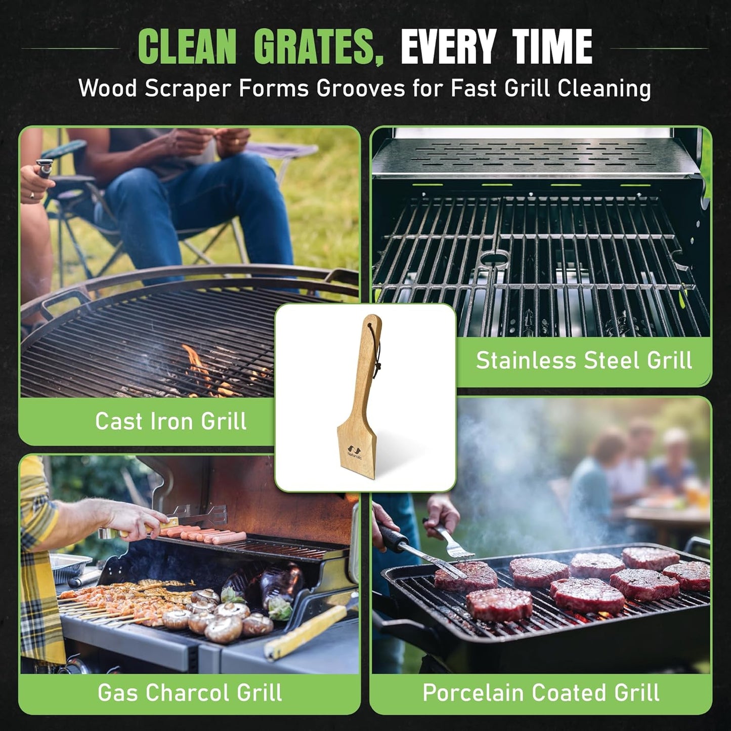 All-Natural Wooden Grill Scraper Tool 18" | Bristle-Free Grill Cleaner for Outdoor Grill | Eco-Friendly BBQ Cleaning Tool for Safe Grate Care