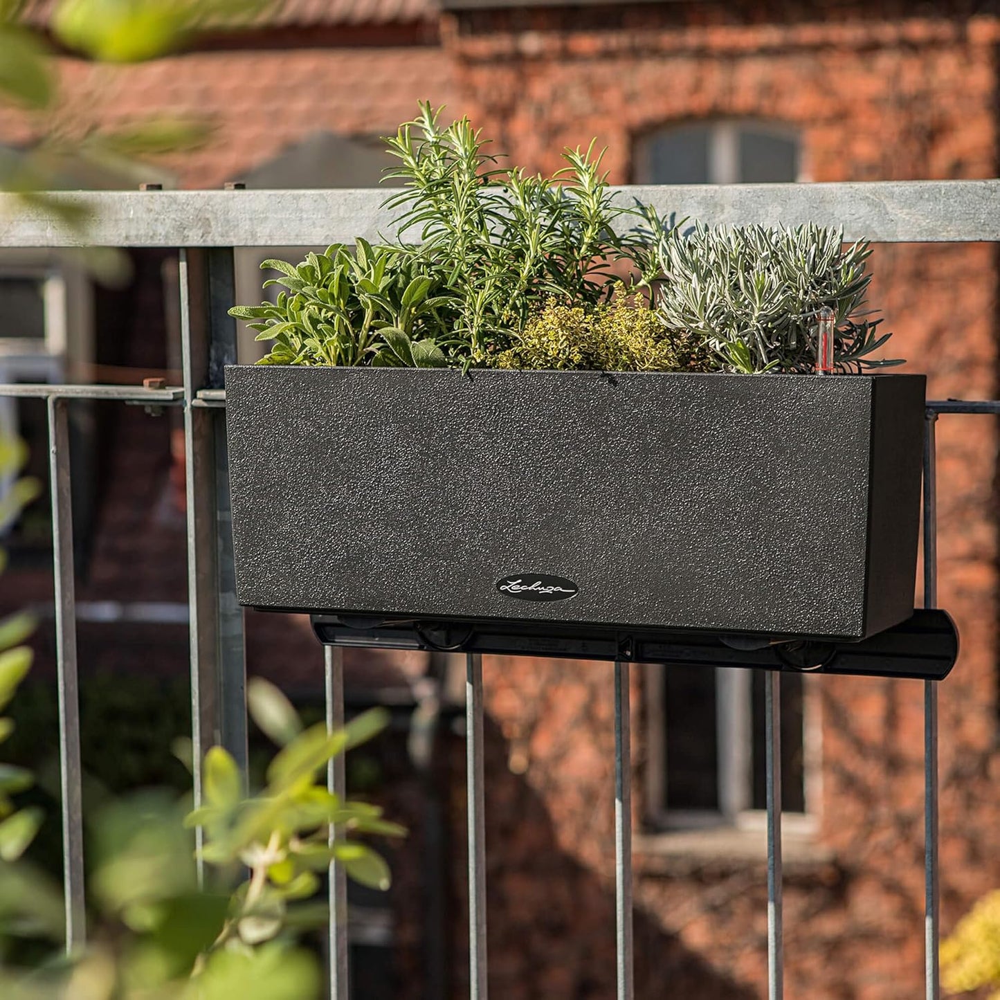 Lechuza BALCONERA Stone 50 Graphite Black, Self-Watering Window Box (Railing Planter), H7.5 L19.7 W7.5 in