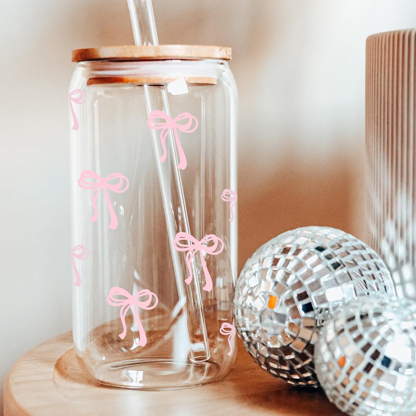 Coquette Cute Pink Bow Glass Cups with Lids and Straws, Aesthetic Iced Coffee Cup, Girly Preppy Design Tumbler Mug, Valentines Christmas Birthday Gifts for Women, Teen Girl Gifts Trendy Stuff